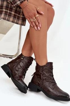 Botki Damskie Z Naturalnej Skóry Ocieplane 57C1005 Czekoladowe Damskie Botki Ocieplane|Botki Skórzane