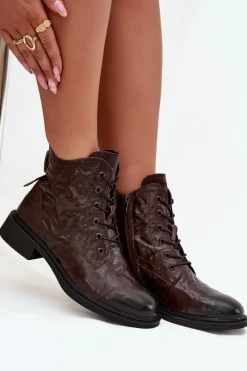 Botki Damskie Z Naturalnej Skóry Ocieplane 57C1005 Czekoladowe Damskie Botki Ocieplane|Botki Skórzane