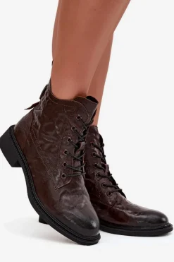 Botki Damskie Z Naturalnej Skóry Ocieplane 57C1005 Czekoladowe Damskie Botki Ocieplane|Botki Skórzane