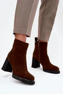 Botki Ocieplane|Botki Skórzane>Buty damskie Vinceza Botki Damskie Z Naturalnego Zamszu Na Słupku Ocieplane Vinceza 91141 Brązowe