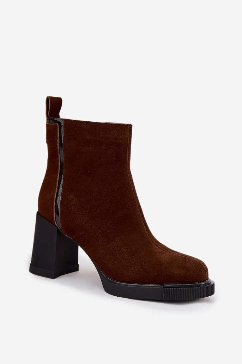 Botki Ocieplane|Botki Skórzane>Buty damskie Vinceza Botki Damskie Z Naturalnego Zamszu Na Słupku Ocieplane Vinceza 91141 Brązowe