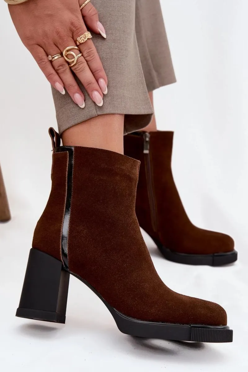 Botki Ocieplane|Botki Skórzane>Buty damskie Vinceza Botki Damskie Z Naturalnego Zamszu Na Słupku Ocieplane Vinceza 91141 Brązowe