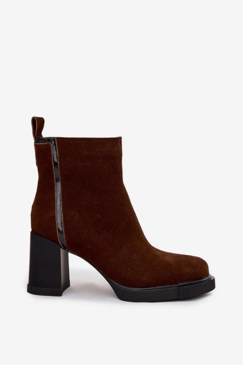 Botki Ocieplane|Botki Skórzane>Buty damskie Vinceza Botki Damskie Z Naturalnego Zamszu Na Słupku Ocieplane Vinceza 91141 Brązowe