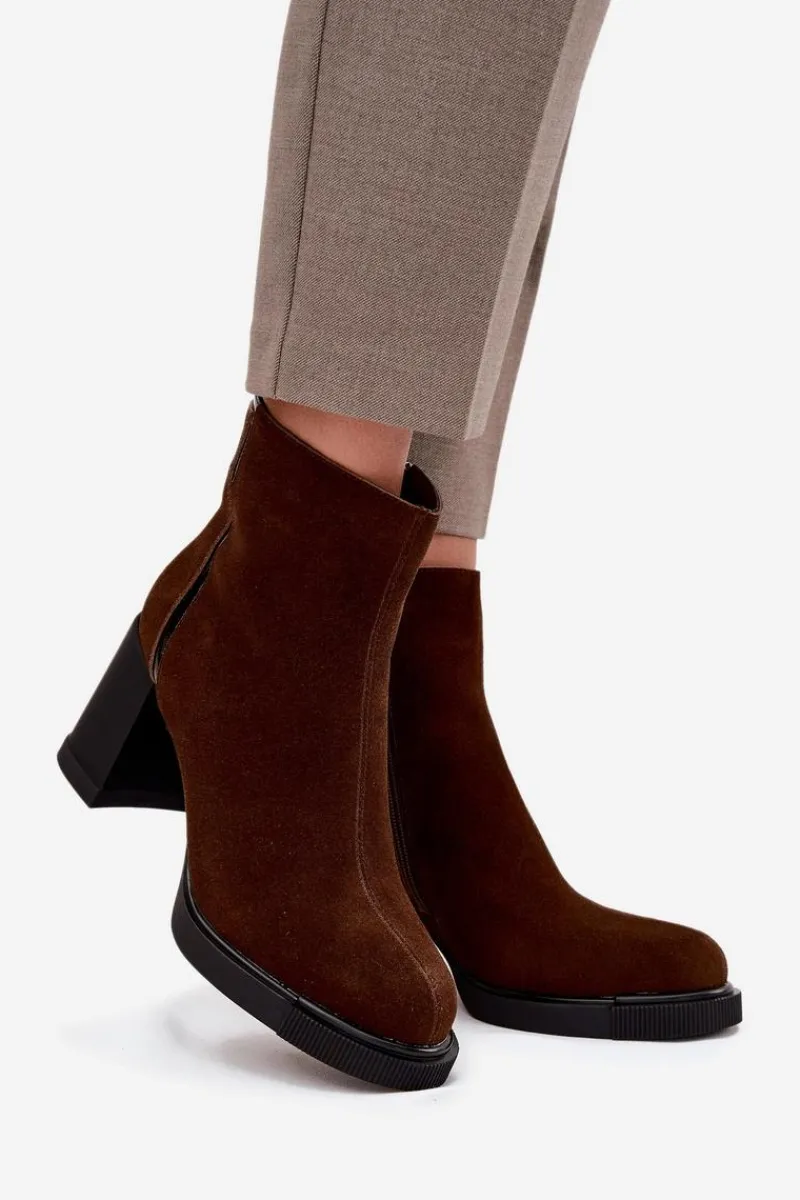 Botki Ocieplane|Botki Skórzane>Buty damskie Vinceza Botki Damskie Z Naturalnego Zamszu Na Słupku Ocieplane Vinceza 91141 Brązowe