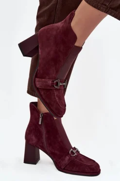 Botki Skórzane|Botki Na Słupku></noscript>Artiker Botki Damskie Z Naturalnego Zamszu Na Słupku 57C0222 Bordowe Czerwony