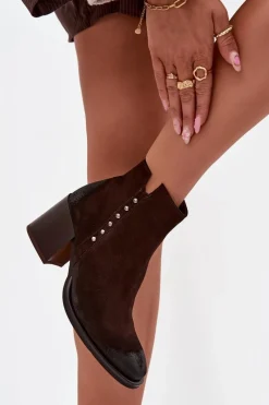 Sale Zazoo Botki Damskie Z Naturalnego Zamszu Na Słupku 1136 Czekoladowe