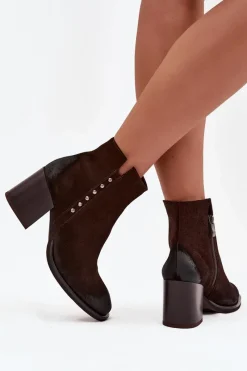 Sale Zazoo Botki Damskie Z Naturalnego Zamszu Na Słupku 1136 Czekoladowe