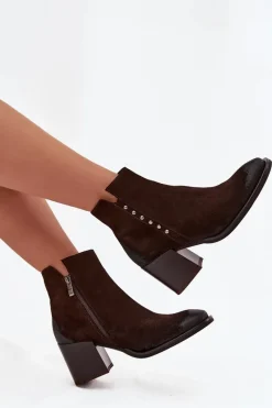 Sale Zazoo Botki Damskie Z Naturalnego Zamszu Na Słupku 1136 Czekoladowe