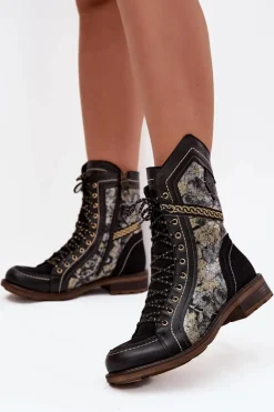 Botki Ocieplane|Botki Maciejka>Maciejka Botki Damskie Z Naturalnej Skóry 07097-01 Czarno-Złote