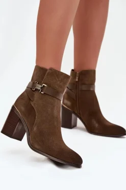 Hot Buty Sergio Leone Botki Damskie Z Naturalnego Zamszu Na Słupku Ocieplane Sergio Leone BT25384-S Khaki Zielony