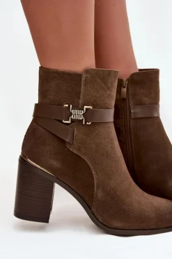 Hot Buty Sergio Leone Botki Damskie Z Naturalnego Zamszu Na Słupku Ocieplane Sergio Leone BT25384-S Khaki Zielony