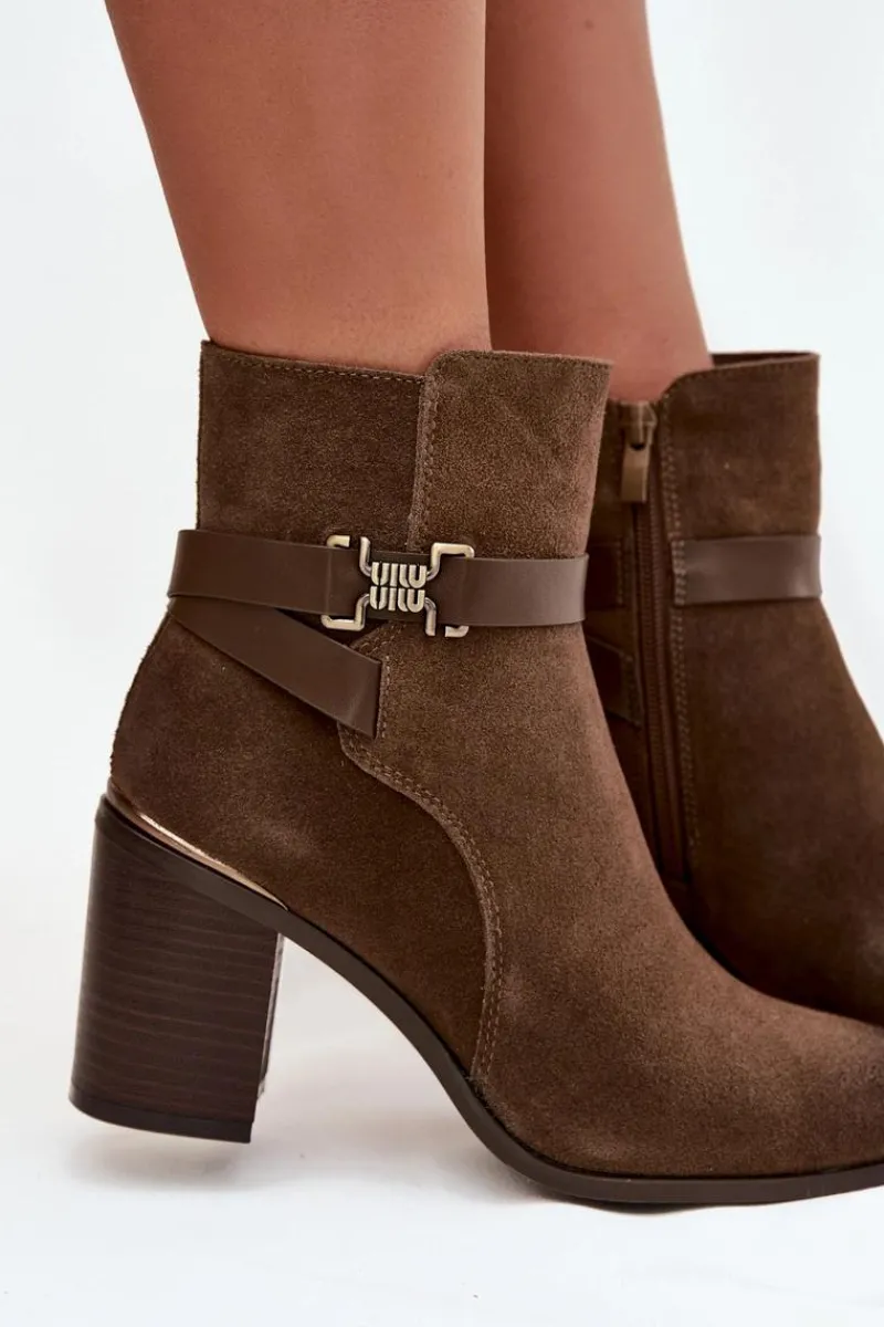 Hot Buty Sergio Leone Botki Damskie Z Naturalnego Zamszu Na Słupku Ocieplane Sergio Leone BT25384-S Khaki Zielony