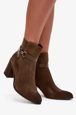 Hot Buty Sergio Leone Botki Damskie Z Naturalnego Zamszu Na Słupku Ocieplane Sergio Leone BT25384-S Khaki Zielony