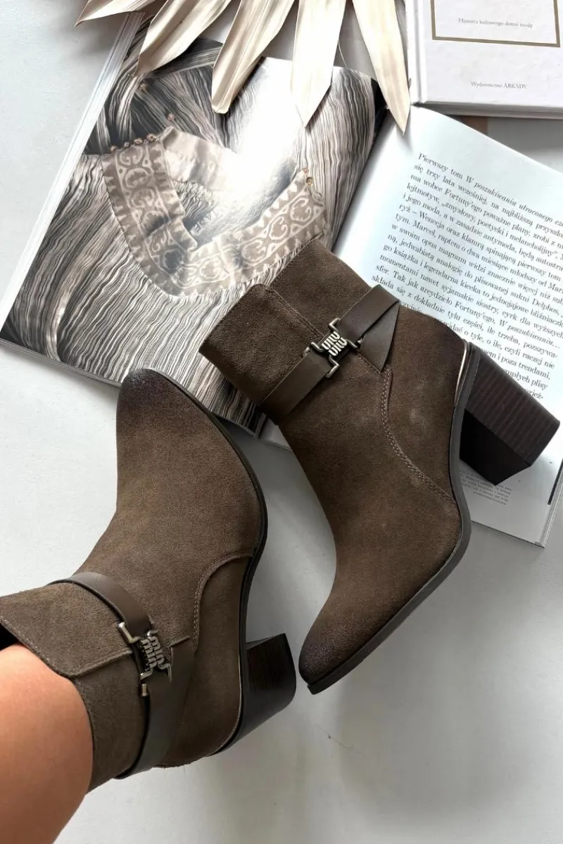 Hot Buty Sergio Leone Botki Damskie Z Naturalnego Zamszu Na Słupku Ocieplane Sergio Leone BT25384-S Khaki Zielony