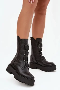 Hot Botki Damskie Z Naturalnej Skóry Na Platformie 3795 Czarne Damskie Brązowe I Beżowe Botki|Botki Płaskie