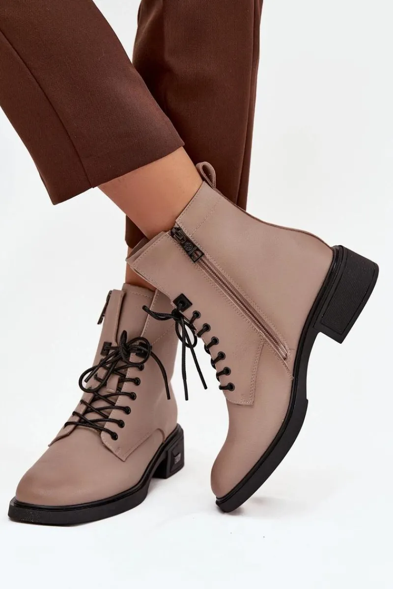 Botki Ocieplane|Botki Sznurowane>Buty damskie Vinceza Botki Damskie Z Naturalnej Skóry Na Niskim Obcasie Ocieplane Vinceza 39955 Beżowe Beżowy