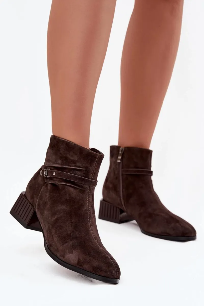 Best Botki Damskie Z Naturalnego Zamszu Na Klocku Ocieplane CR52-651 Czekoladowe Damskie Botki Ocieplane|Botki Skórzane