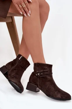 Best Botki Damskie Z Naturalnego Zamszu Na Klocku Ocieplane CR52-651 Czekoladowe Damskie Botki Ocieplane|Botki Skórzane
