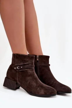 Best Botki Damskie Z Naturalnego Zamszu Na Klocku Ocieplane CR52-651 Czekoladowe Damskie Botki Ocieplane|Botki Skórzane