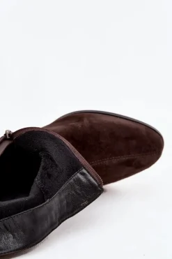 Best Botki Damskie Z Naturalnego Zamszu Na Klocku Ocieplane CR52-651 Czekoladowe Damskie Botki Ocieplane|Botki Skórzane