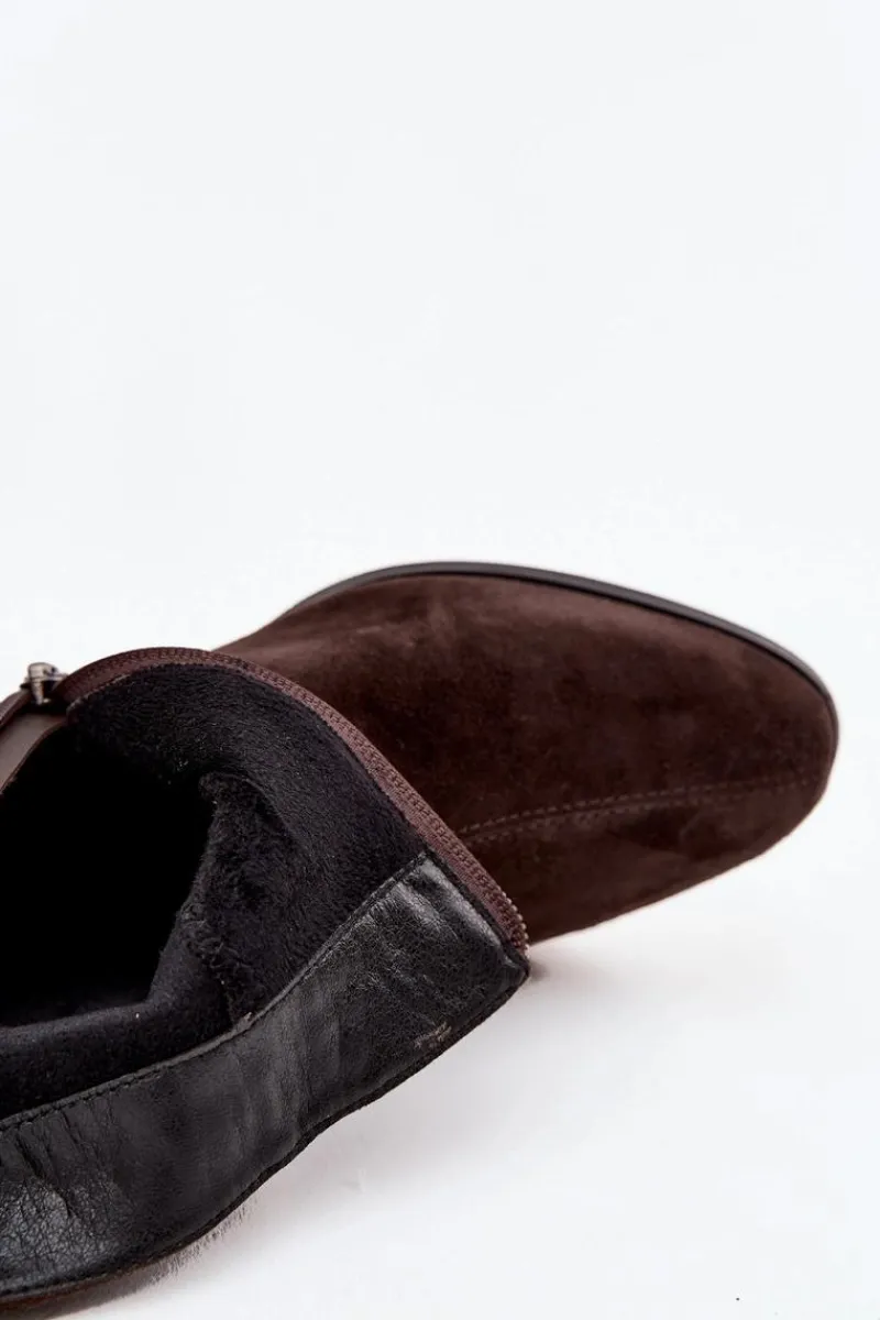 Best Botki Damskie Z Naturalnego Zamszu Na Klocku Ocieplane CR52-651 Czekoladowe Damskie Botki Ocieplane|Botki Skórzane