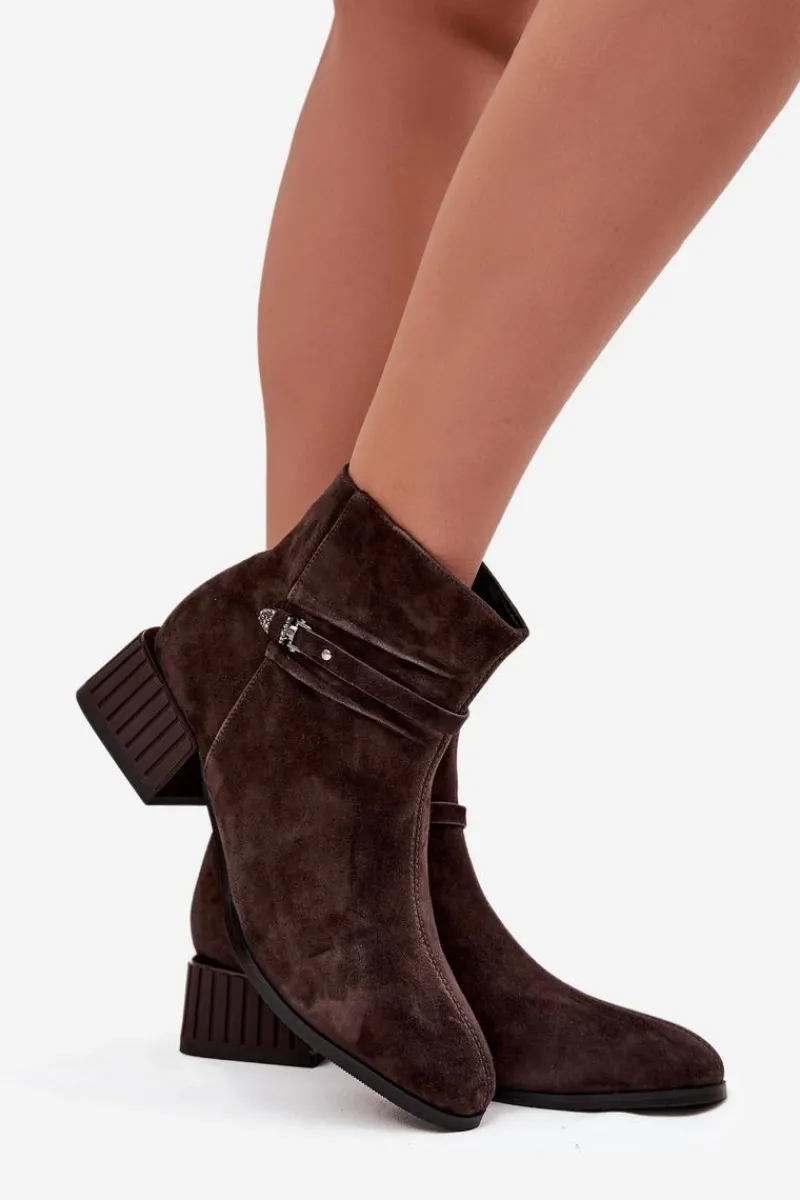 Best Botki Damskie Z Naturalnego Zamszu Na Klocku Ocieplane CR52-651 Czekoladowe Damskie Botki Ocieplane|Botki Skórzane