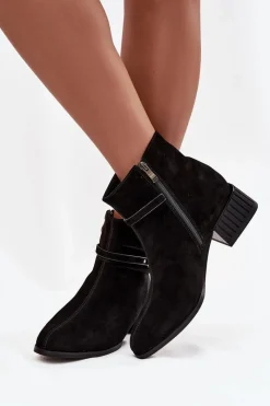 D&A Botki Damskie Z Naturalnego Zamszu Na Klocku Ocieplane CR52-651 Czarne Czarny