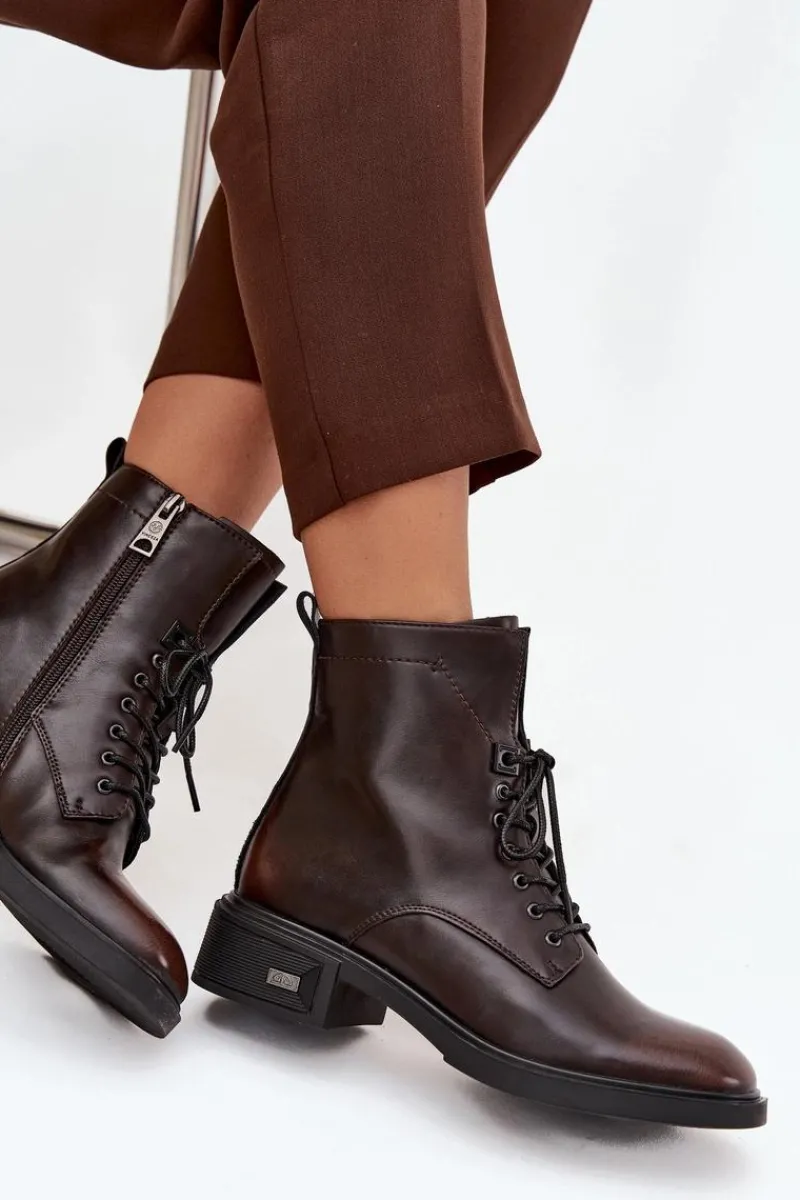 Sale Botki Damskie Z Naturalnej Skóry Na Niskim Obcasie Ocieplane Vinceza 39955 Czekoladowe Damskie Botki Ocieplane|Botki Sznurowane