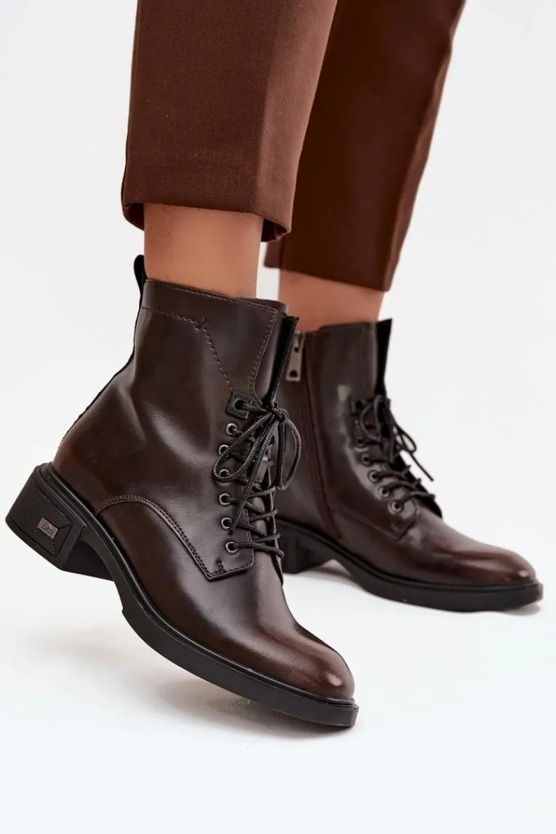 Sale Botki Damskie Z Naturalnej Skóry Na Niskim Obcasie Ocieplane Vinceza 39955 Czekoladowe Damskie Botki Ocieplane|Botki Sznurowane