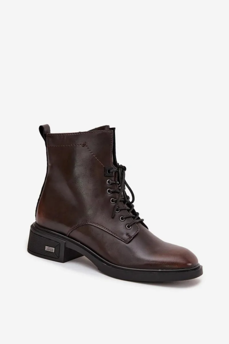 Sale Botki Damskie Z Naturalnej Skóry Na Niskim Obcasie Ocieplane Vinceza 39955 Czekoladowe Damskie Botki Ocieplane|Botki Sznurowane