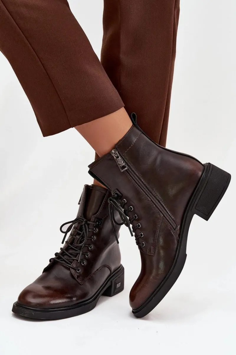 Sale Botki Damskie Z Naturalnej Skóry Na Niskim Obcasie Ocieplane Vinceza 39955 Czekoladowe Damskie Botki Ocieplane|Botki Sznurowane
