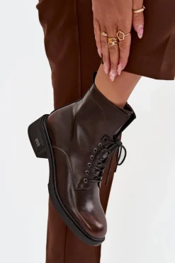 Sale Botki Damskie Z Naturalnej Skóry Na Niskim Obcasie Ocieplane Vinceza 39955 Czekoladowe Damskie Botki Ocieplane|Botki Sznurowane