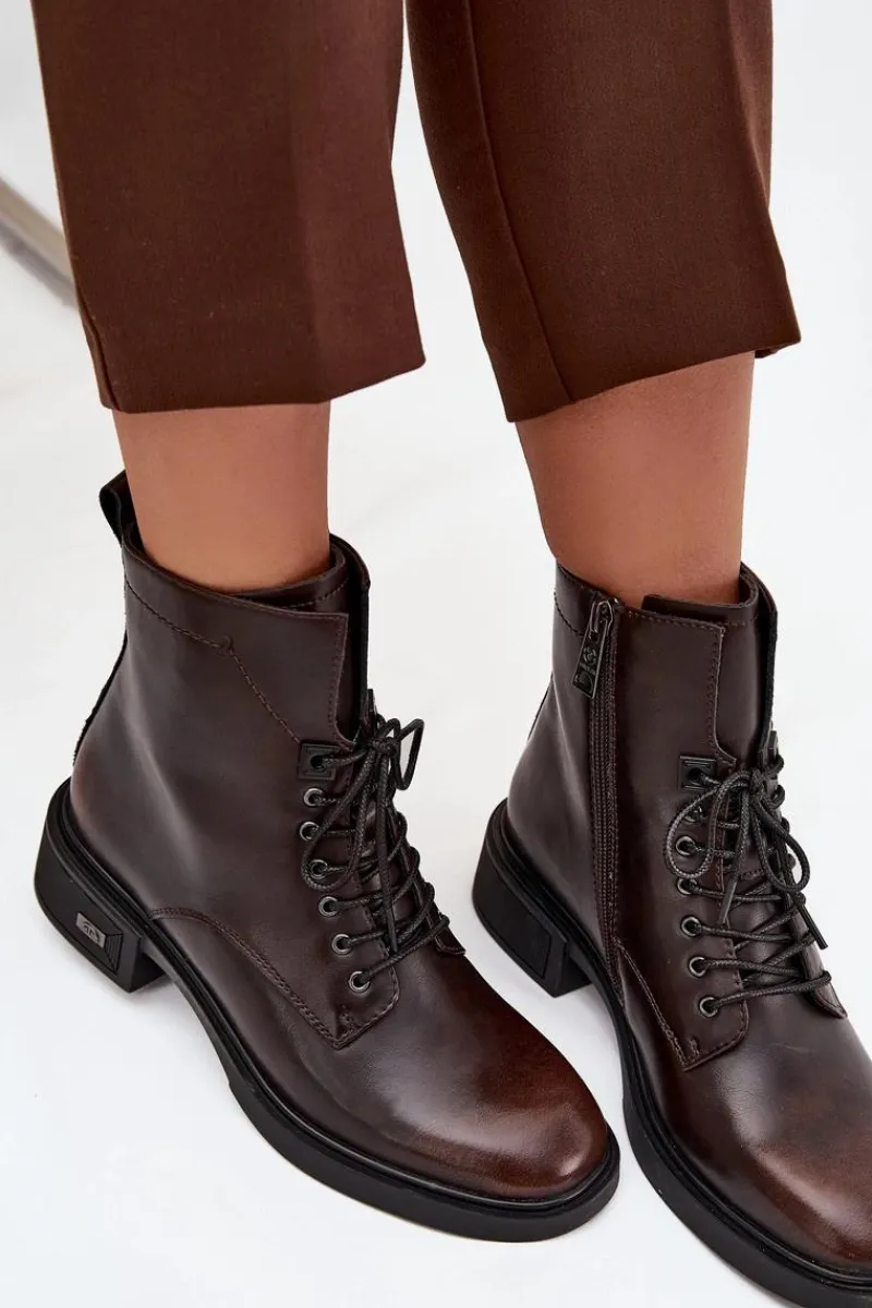 Sale Botki Damskie Z Naturalnej Skóry Na Niskim Obcasie Ocieplane Vinceza 39955 Czekoladowe Damskie Botki Ocieplane|Botki Sznurowane