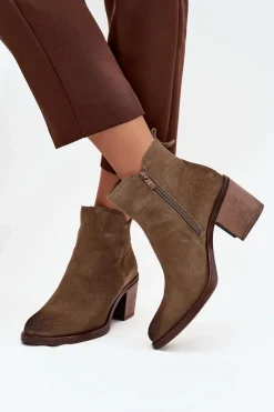 Outlet Buty Sergio Leone Botki Damskie Z Naturalnego Zamsz Na Słupku Ocieplane Sergio Leone BT25321-S Khaki