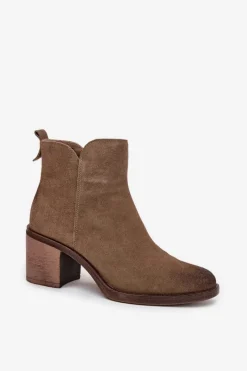 Outlet Buty Sergio Leone Botki Damskie Z Naturalnego Zamsz Na Słupku Ocieplane Sergio Leone BT25321-S Khaki