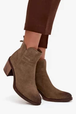 Outlet Buty Sergio Leone Botki Damskie Z Naturalnego Zamsz Na Słupku Ocieplane Sergio Leone BT25321-S Khaki