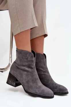 Online Botki Damskie Z Naturalnego Zamszu Na Obcasie Ocieplane Vinceza 66806 Szare Damskie Botki Ocieplane|Botki Skórzane