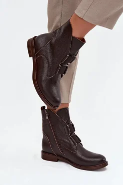 Brązowe I Beżowe Botki|Botki Płaskie>Zazoo Botki Damskie Z Naturalnej Skóry Na Płaskim Obcasie 3842 Czekoladowe