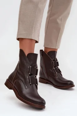 Brązowe I Beżowe Botki|Botki Płaskie>Zazoo Botki Damskie Z Naturalnej Skóry Na Płaskim Obcasie 3842 Czekoladowe