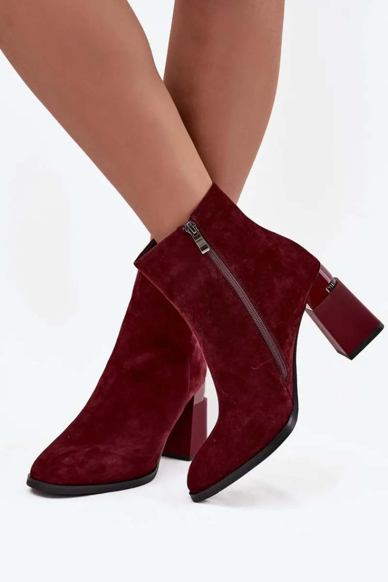 Best D&A Botki Damskie Z Naturalnego Zamszu Na Słupku Ocieplane CR52-718 Bordowe Czerwony