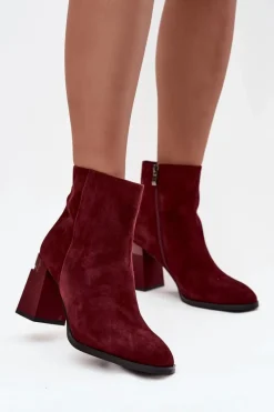 Best D&A Botki Damskie Z Naturalnego Zamszu Na Słupku Ocieplane CR52-718 Bordowe Czerwony