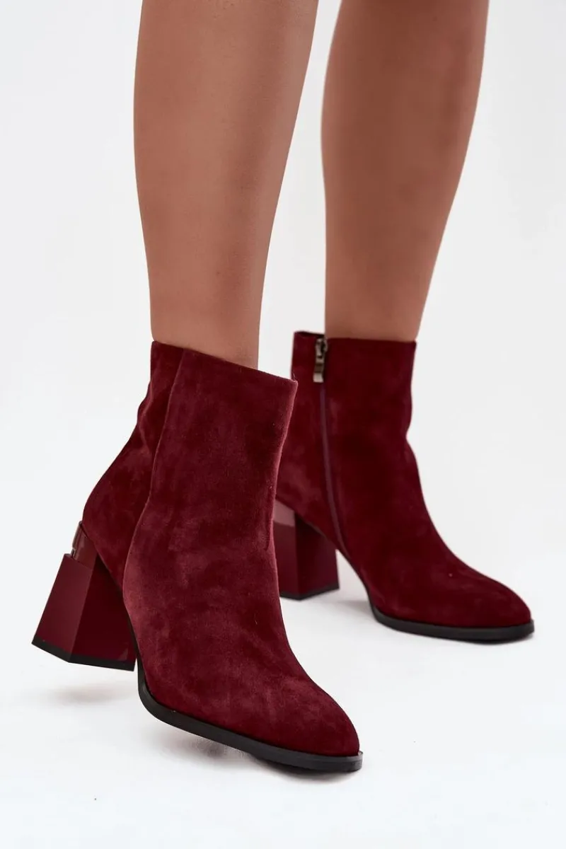 Best D&A Botki Damskie Z Naturalnego Zamszu Na Słupku Ocieplane CR52-718 Bordowe Czerwony