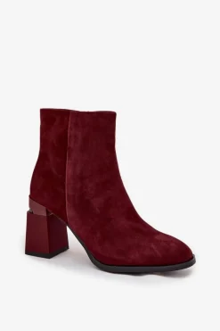 Best D&A Botki Damskie Z Naturalnego Zamszu Na Słupku Ocieplane CR52-718 Bordowe Czerwony