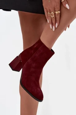 Best D&A Botki Damskie Z Naturalnego Zamszu Na Słupku Ocieplane CR52-718 Bordowe Czerwony