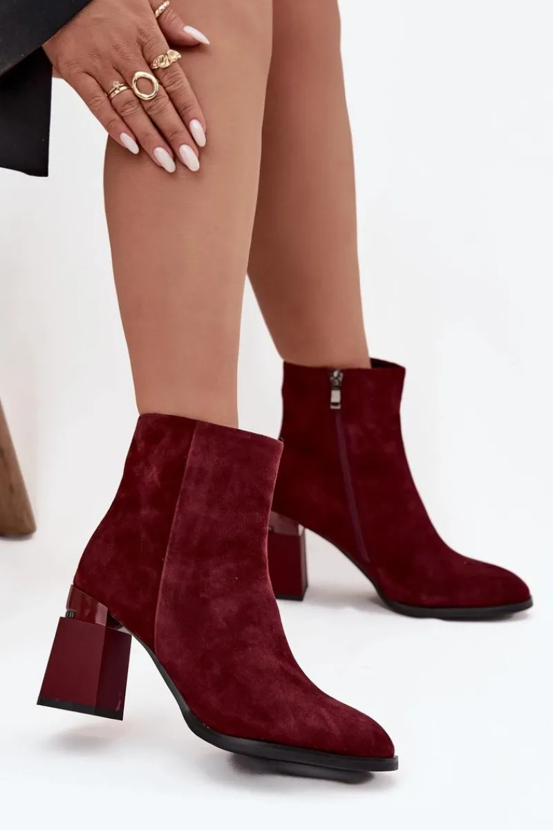 Best D&A Botki Damskie Z Naturalnego Zamszu Na Słupku Ocieplane CR52-718 Bordowe Czerwony