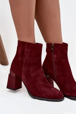 Best D&A Botki Damskie Z Naturalnego Zamszu Na Słupku Ocieplane CR52-718 Bordowe Czerwony
