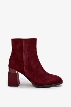 Best D&A Botki Damskie Z Naturalnego Zamszu Na Słupku Ocieplane CR52-718 Bordowe Czerwony