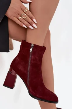 Best D&A Botki Damskie Z Naturalnego Zamszu Na Słupku Ocieplane CR52-718 Bordowe Czerwony