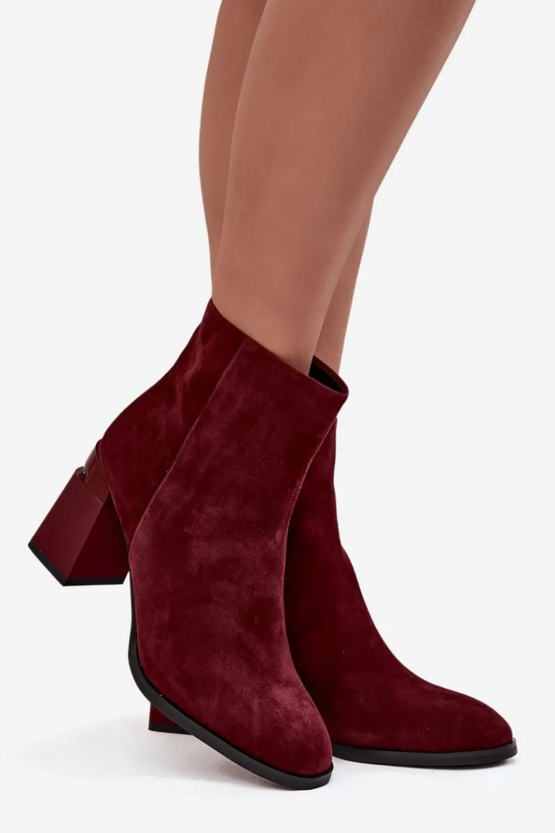 Best D&A Botki Damskie Z Naturalnego Zamszu Na Słupku Ocieplane CR52-718 Bordowe Czerwony