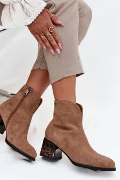 Botki Ocieplane|Botki Skórzane>Buty damskie Vinceza Botki Damskie Z Naturalnego Zamszu Na Obcasie Ocieplane Vinceza 66806 Camel Beżowy